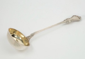 An antique Russian silver soup ladle with gilt wash interior, made in Moscow, circa 1844, 36cm long, an impressive weight of 404 grams