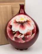 A Japanese pigeon blood cloisonne vase with floral decoration, in original timber box, 20th century, 26cm high - 2