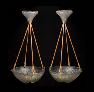 LALIQUE "Coquilles" pair of French frosted Art Deco glass hanging lights with original ceiling roses and silk cords, engraved "Lalique, France", 30cm diameter