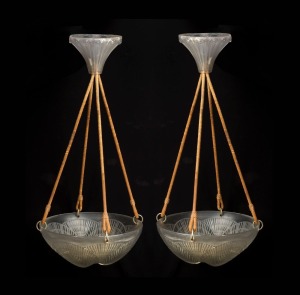 LALIQUE "Coquilles" pair of French frosted Art Deco glass hanging lights with original ceiling roses and silk cords, engraved "Lalique, France", ​​​​​​​30cm diameter