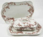 DOULTON BURSLEM "WATTLE" pattern English porcelain tureen and two meat platters, 19th century, (3 items), factory marks to the bases, the larger platter 44.5cm wide