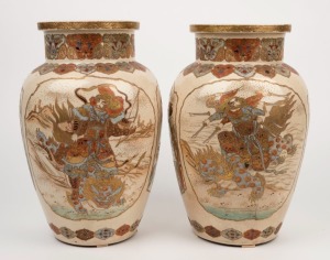 SATSUMA pair of antique Japanese earthenware vases decorated with samurai and birds, Meiji period, 19th century, 32cm high
