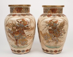 SATSUMA pair of antique Japanese earthenware vases decorated with samurai and birds, Meiji period, 19th century, ​​​​​​​32cm high