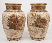 SATSUMA pair of antique Japanese earthenware vases decorated with samurai and birds, Meiji period, 19th century, ​​​​​​​32cm high - 3