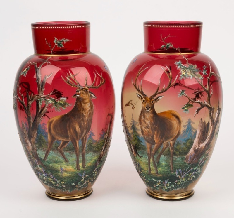 MOSER pair of Bohemian glass vases decorated with enamel stags in landscapes, 19th century, ​​​​​​​26.5cm high