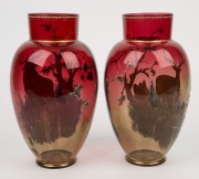 MOSER pair of Bohemian glass vases decorated with enamel stags in landscapes, 19th century, ​​​​​​​26.5cm high - 2