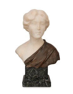 An antique bust of a woman, carved alabaster, cast bronze and green marble, 19th century, signed (illegible), ​​​​​​​22cm high