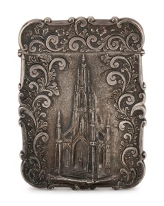 NATHANIEL MILLS "SCOTT'S MEMORIAL" antique English sterling silver card case, stamped "N.M.", Birmingham, mid 19th century, 9cm high, 62 grams