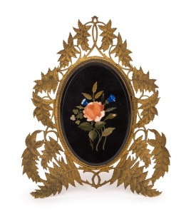 Antique diptych photo frame, ormolu foliate mount with pietra dura top, 19th century, 17cm high