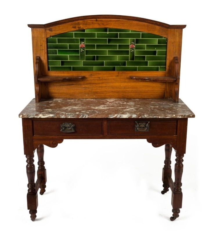 An antique Australian blackwood Arts & Crafts washstand with rouge marble top and green tiled back, circa 1900, 134cm high, 106cm wide, 46cm deep