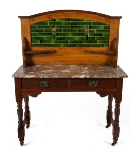 An antique Australian blackwood Arts & Crafts washstand with rouge marble top and green tiled back, circa 1900, 134cm high, 106cm wide, 46cm deep