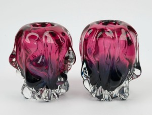 A pair of Murano glass vases in cranberry and purple, circa 1960, 17cm high