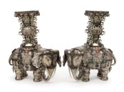 A pair of impressive Chinese silver elephant vases adorned with carved jade rings and semi-precious stones, 19th/20th century, an impressive 42cm high - 2