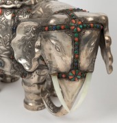 A pair of impressive Chinese silver elephant vases adorned with carved jade rings and semi-precious stones, 19th/20th century, an impressive 42cm high - 3