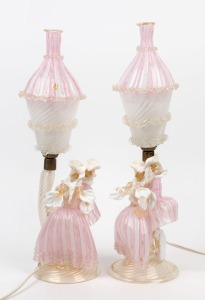 A pair of vintage latticino Murano glass figural table lamps with shades, circa 1950s, 46cm high