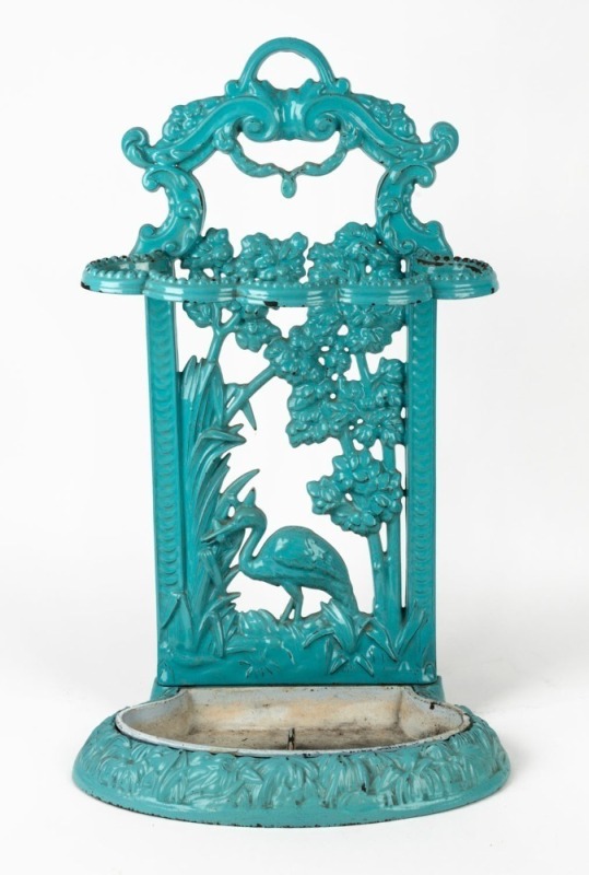 An antique English cast iron umbrella stand with blue finish, 19th century, 68cm high