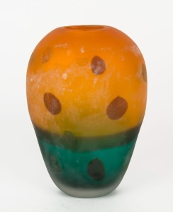 CENEDESE orange and green Murano glass vase with scarvo finish, engraved "Cendese" with remains of original foil label, 27cm high