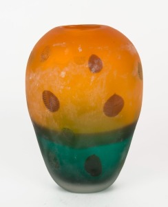 CENEDESE orange and green Murano glass vase with scarvo finish, engraved "Cendese" with remains of original foil label, 27cm high