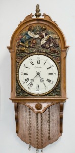 An antique style Dutch wall clock in oak case with hand-painted pressed metal dial surround, 20th century, ​​​​​​​81cm high