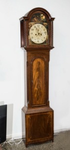 A Georgian English long case clock in mahogany case with hand-painted dial and eight day time and strike movement, early 19th century, 222cm high