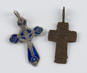 198 · A Russian silver and enamel crucifix pendant, together with a Russian Old Believers bronze crucifix pendant, (2 items), each approximately 3.5cm high