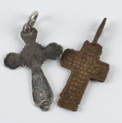 A Russian silver and enamel crucifix pendant, together with a Russian Old Believers bronze crucifix pendant, (2 items), each approximately 3.5cm high - 2