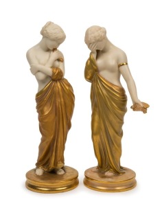 ROYAL WORCESTER pair of antique English porcelain classical statues with gilded drapery, 19th century, puce factory marks, 24.5cm and 25.5cm high