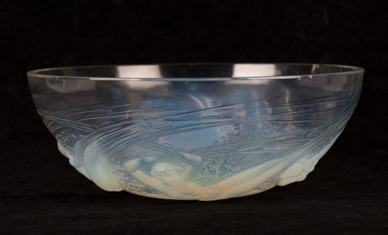 LALIQUE "Ondines" French opalescent glass bowl, designed in 1921, (A/F), engraved "R. LALIQUE, FRANCE", 7.5cm high, 21cm diameter