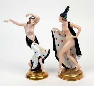 A pair of German Art Deco porcelain statues of dancing women, circa 1930s, stamped "Germany", ​​​​​​​22cm and 24cm high