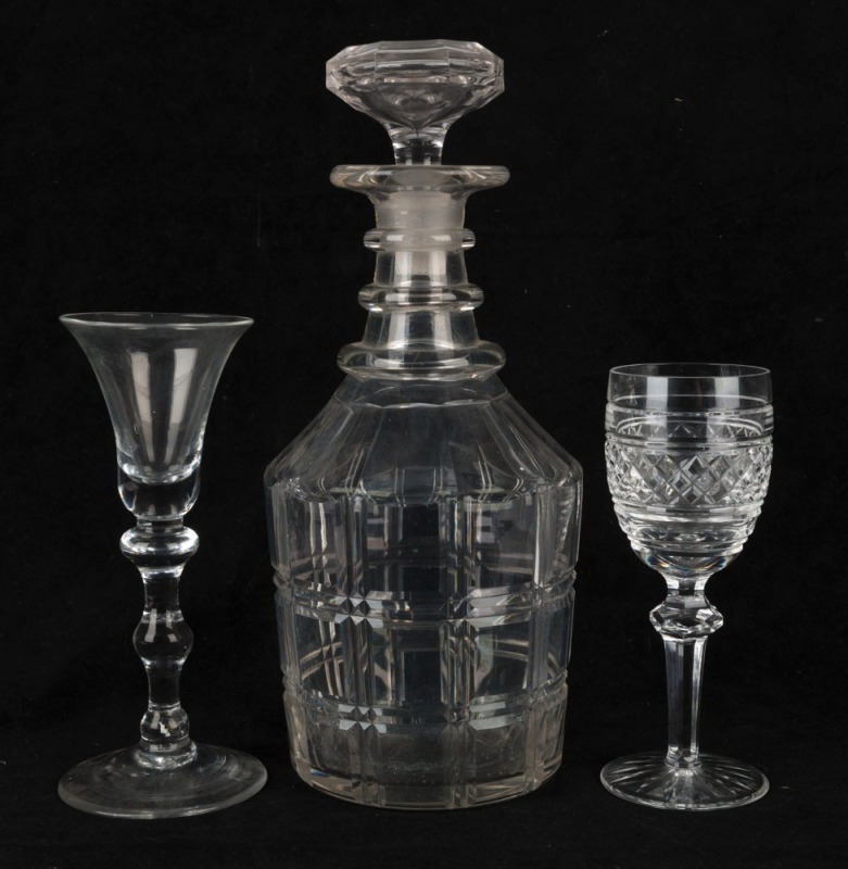 An antique English decanter and wine glass, together with a Waterford crystal glass, 19th and 20th century, (3 items), ​​​​​​​the decanter 26cm high