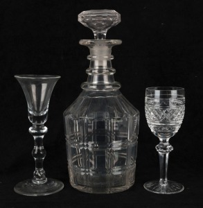 An antique English decanter and wine glass, together with a Waterford crystal glass, 19th and 20th century, (3 items), the decanter 26cm high