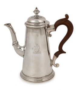 An antique silver coffee pot, possibly Continental, 18th century, pictorial mark (partially rubbed), 22cm high, 812 grams total