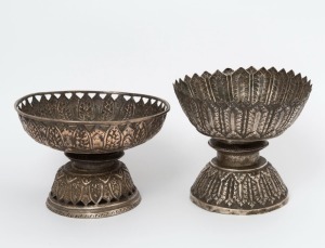 Two Burmese silver plated ceremonial bowls, 19th/20th century, 12.5cm and 10cm high