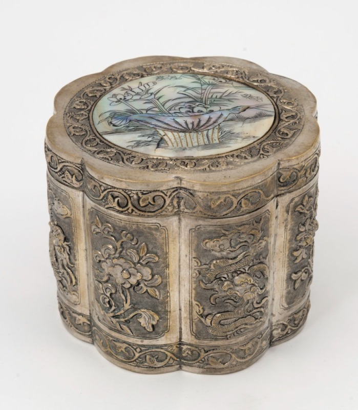 A Chinese silver plated tea caddy with engraved mother of pearl top, 19th/20th, seal mark to base, 10cm high, 12.5cm wide