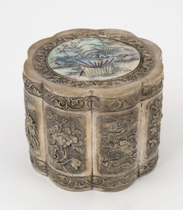 A Chinese silver plated tea caddy with engraved mother of pearl top, 19th/20th, seal mark to base, 10cm high, 12.5cm wide