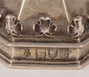 Queen Victoria commemorative jubilee sterling silver condiments in the high gothic style with Royal crest dated 1897, made in London, 12.5cm high, 390 grams total - 2