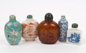 A group of five antique and vintage Chinese snuff bottles, the largest 8.5cm high 