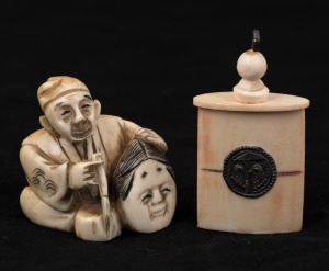 A Japanese carved ivory netsuke and an opium bottle, the netsuke 4.5cm high 