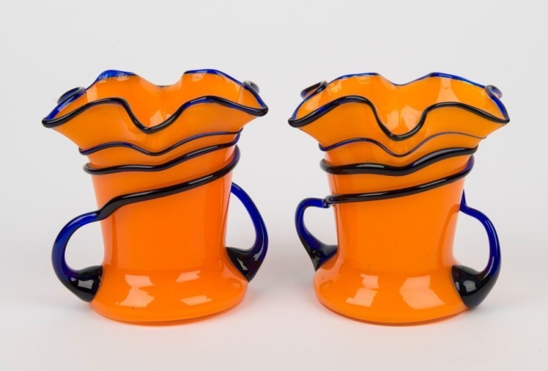 TANGO GLASS pair of Bohemian orange and blue art glass vases, circa 1930s, ​​​​​​​12cm high