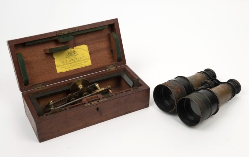 STANLEY'S PATENT No.76 Geometrical pen, housed in original mahogany case with paper label, 19th century; together with a pair of WWI British MKV binoculars with Defence Department stamps and broad arrow, (2 items) the case 25cm wide