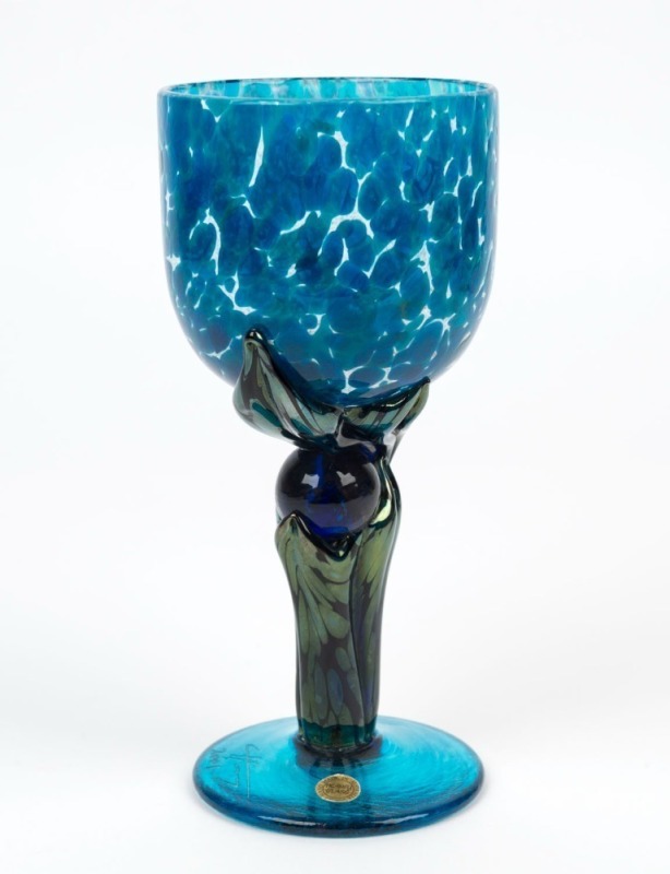 HEANEY GLASS Australian iridescent art glass goblet by Colin Heaney,engraved "C. Heaney, 2001", with original foil label,19cm high