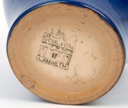 ROYAL DOULTON LAMBETH pottery vase with fruit motif on blue and celadon ground, early 20th century, impressed and black factory marks to base, 20.5cm high - 2