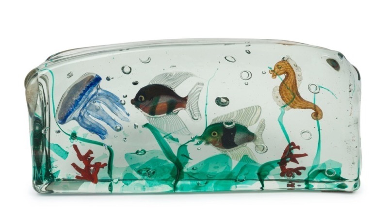 CENEDESE "Aquarium" Murano glass fishblock including two fish, seahorse, jellyfish, coral and seaweed, designed by ALFREDO BARBINI. ​​​​​​​Note: Made from four laminated sections of glass rather than the usual three, an impressive piece. 16cm high, 35cm w