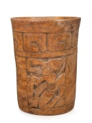 Pre-Columbian Mayan&nbsp;orange ware pottery cylinder vessel, the upper register of carving with bird glyphs and the lower register with a standing and a kneeling lord, late Classic Period, 550-950 A.D., 19cm high