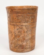 Pre-Columbian Mayan&nbsp;orange ware pottery cylinder vessel, the upper register of carving with bird glyphs and the lower register with a standing and a kneeling lord, late Classic Period, 550-950 A.D., 19cm high - 2