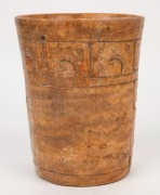 Pre-Columbian Mayan&nbsp;orange ware pottery cylinder vessel, the upper register of carving with bird glyphs and the lower register with a standing and a kneeling lord, late Classic Period, 550-950 A.D., 19cm high - 3