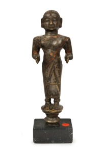 LAKSHIMI antique bronze statuette with remains of cold painted finish and inlaid with gemstones, North Indian origin, 14th/15th century, 22cm high