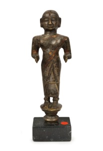 LAKSHIMI antique bronze statuette with remains of cold painted finish and inlaid with gemstones, North Indian origin, 14th/15th century, 22cm high