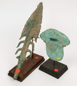A pair of archaic Gangetic Valley copper weapons, Indian origin, 35cm and 13cm high on later stands