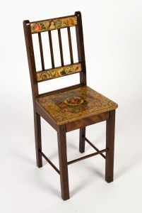 A child's vintage timber chair with decoupage decoration, early to mid 20th century, 74cm high, 27cm wide